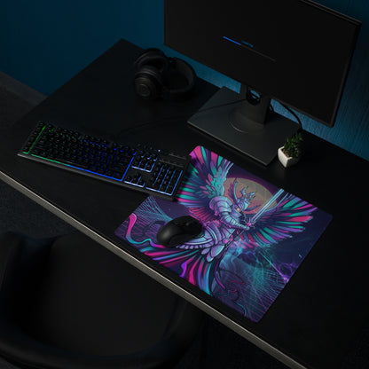 Vaporwave wings gaming mouse pad with vibrant neon pink and teal winged knight design on glossy surface for esports use