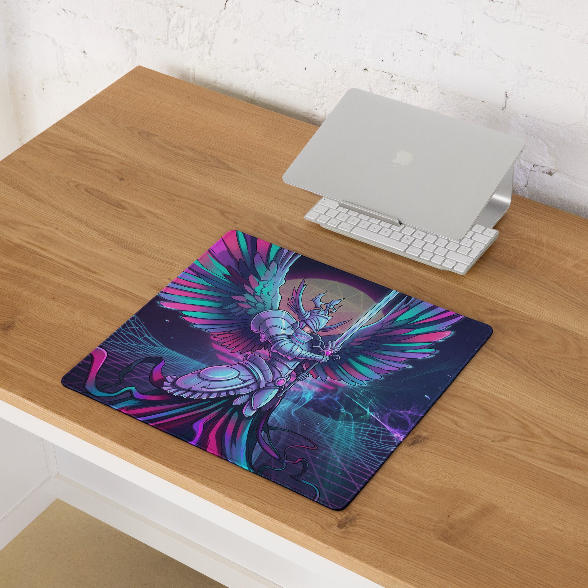 Vaporwave wings gaming mouse pad with vibrant neon pink and teal winged knight design and glossy finish