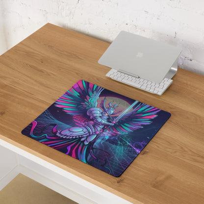 Vaporwave wings gaming mouse pad with vibrant neon pink and teal winged knight design and glossy finish