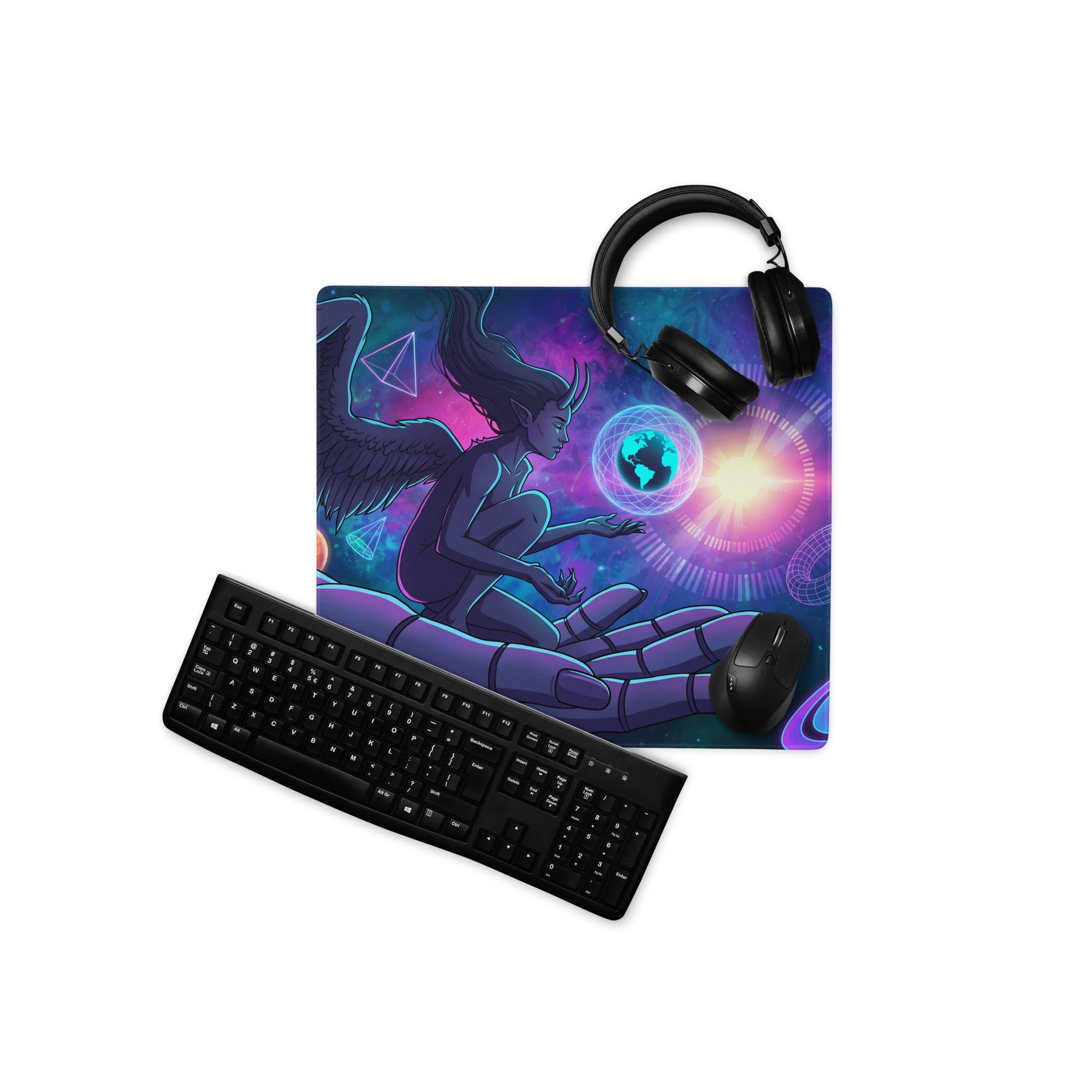 Vibrant cosmic-themed neon vaporwave angel mouse pad with winged figure and glowing purple blue nebula design for gaming