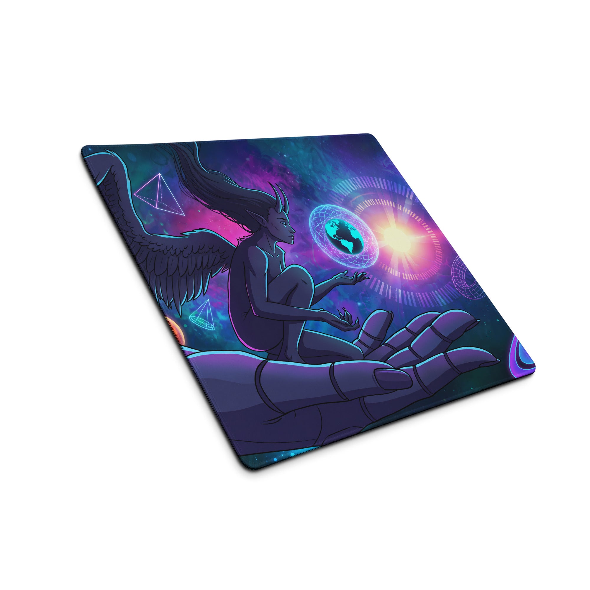 Vibrant neon vaporwave angel mouse pad with a dark angel silhouette and glowing purple teal cosmic nebula background