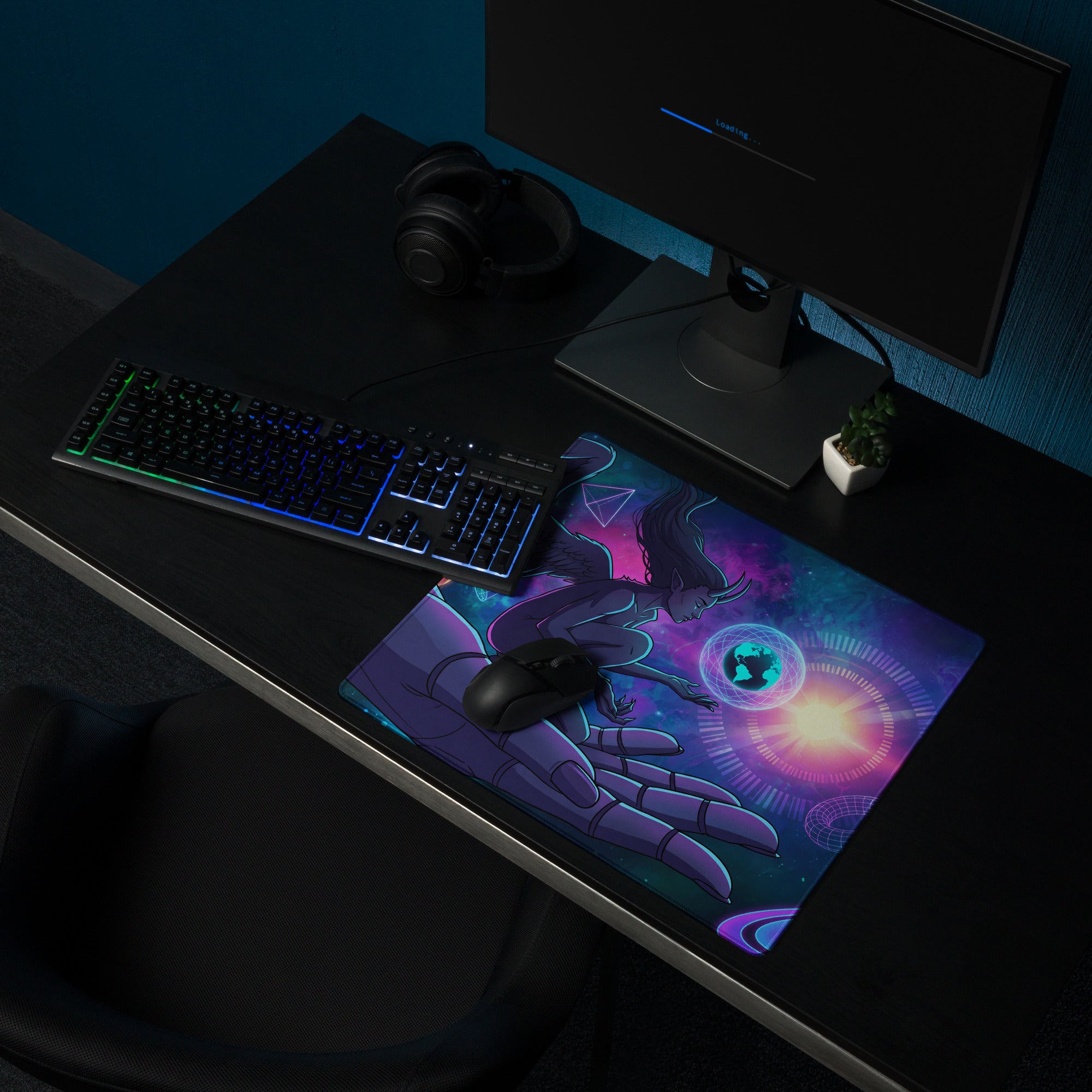 A vibrant neon vaporwave angel mouse pad with purple blue cosmic design and ethereal figure over glowing celestial sphere