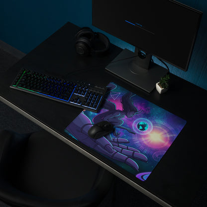 A vibrant neon vaporwave angel mouse pad with purple blue cosmic design and ethereal figure over glowing celestial sphere