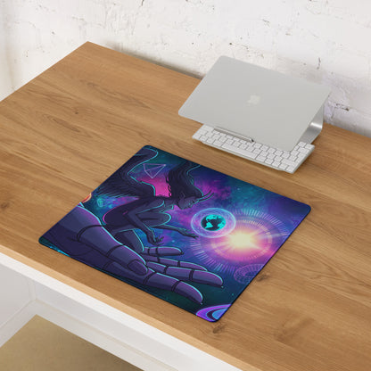 Neon vaporwave angel mouse pad with vibrant cosmic design featuring a dark winged figure and mechanical hands in pink purple blue