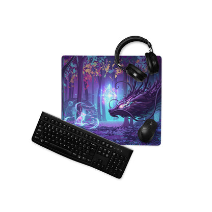 Purple neon forest dragon gaming mousepad with dragon and glowing crystal design for vaporwave cyber decor use