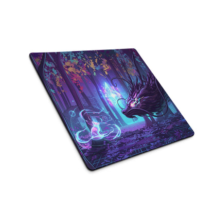 Neon forest dragon purple and blue gaming mousepad with glowing dragon and creature in mystical forest vaporwave design