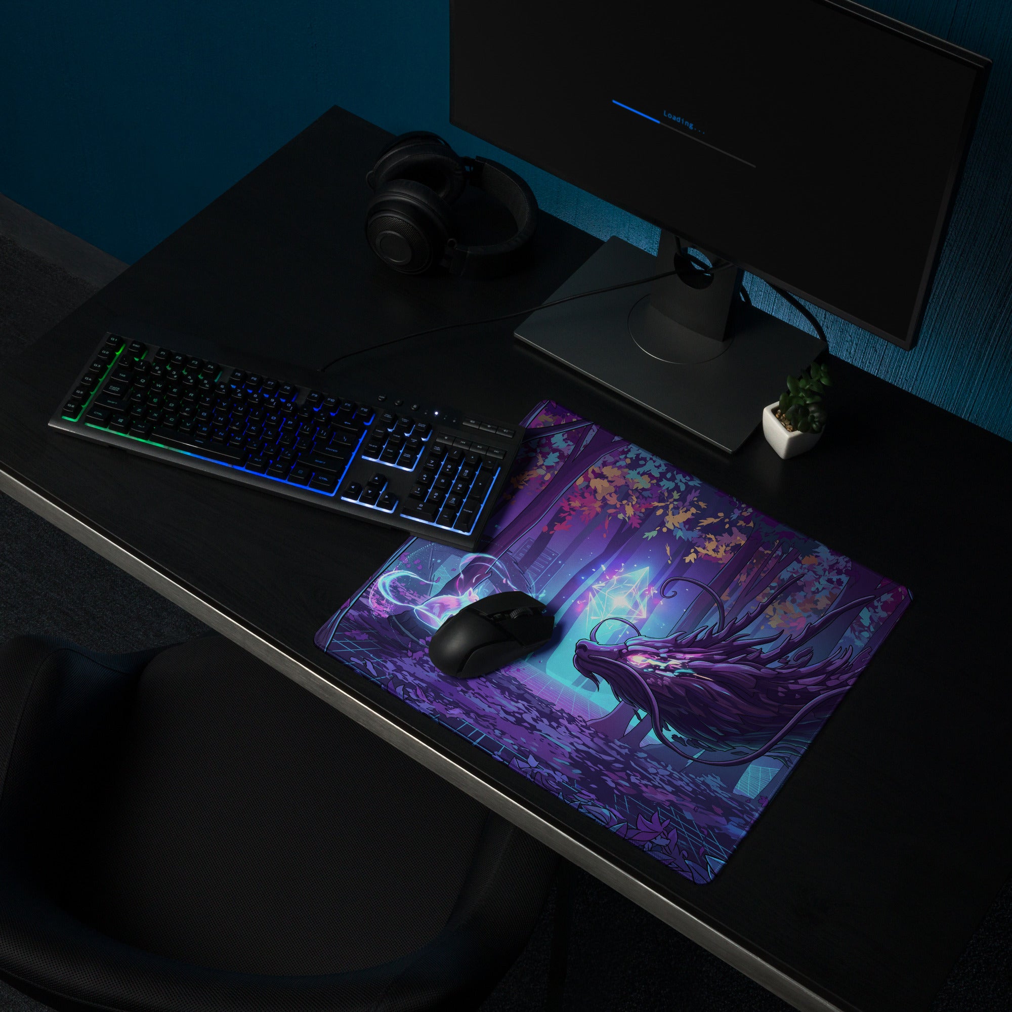 Purple and teal fantasy-themed gaming mousepad featuring a detailed mythical creature in an enchanted forest design