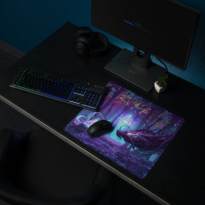 Purple and teal fantasy-themed gaming mousepad featuring a detailed mythical creature in an enchanted forest design