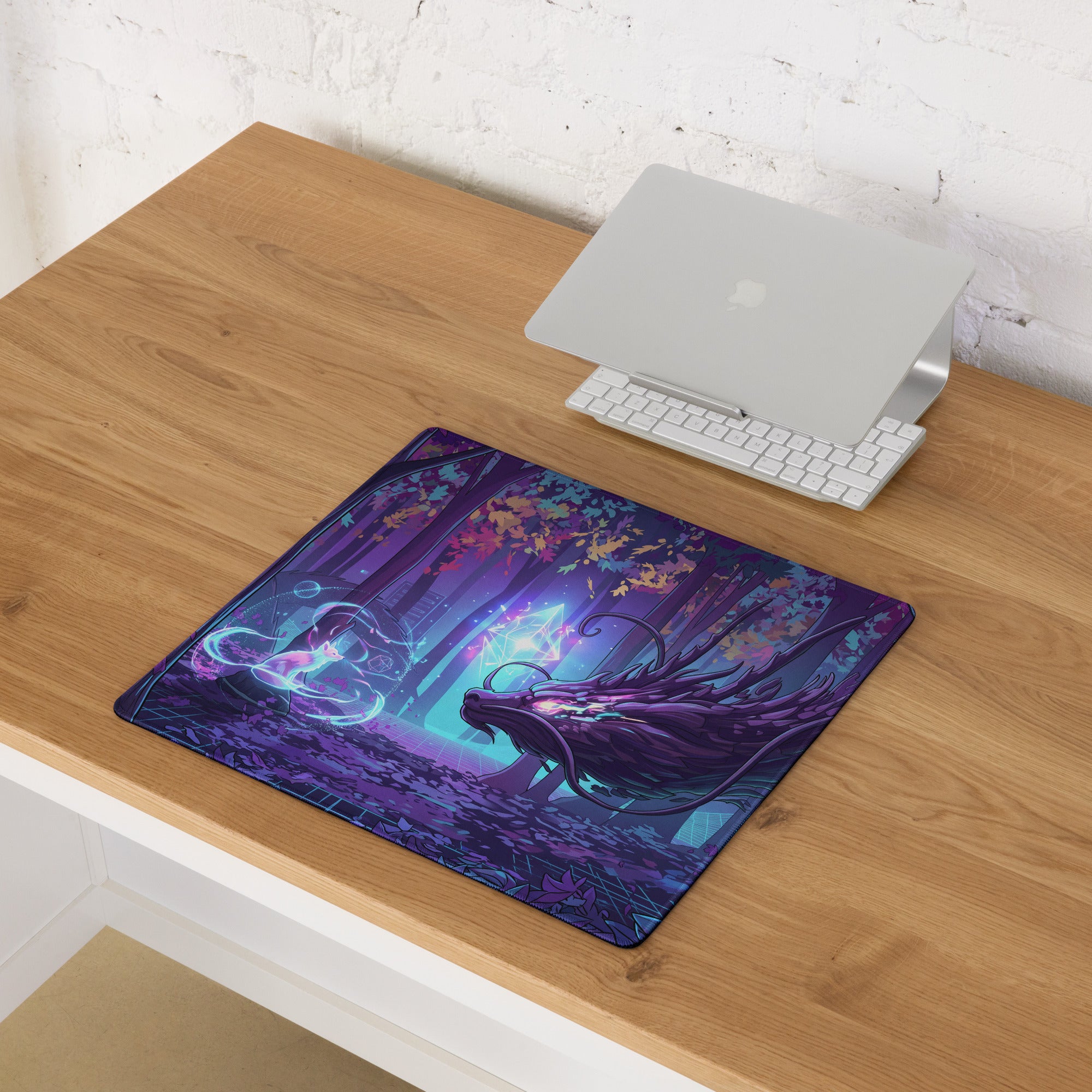 Neon forest dragon pad purple and teal fantasy-themed large mousepad with dragon in a mystical forest for gaming