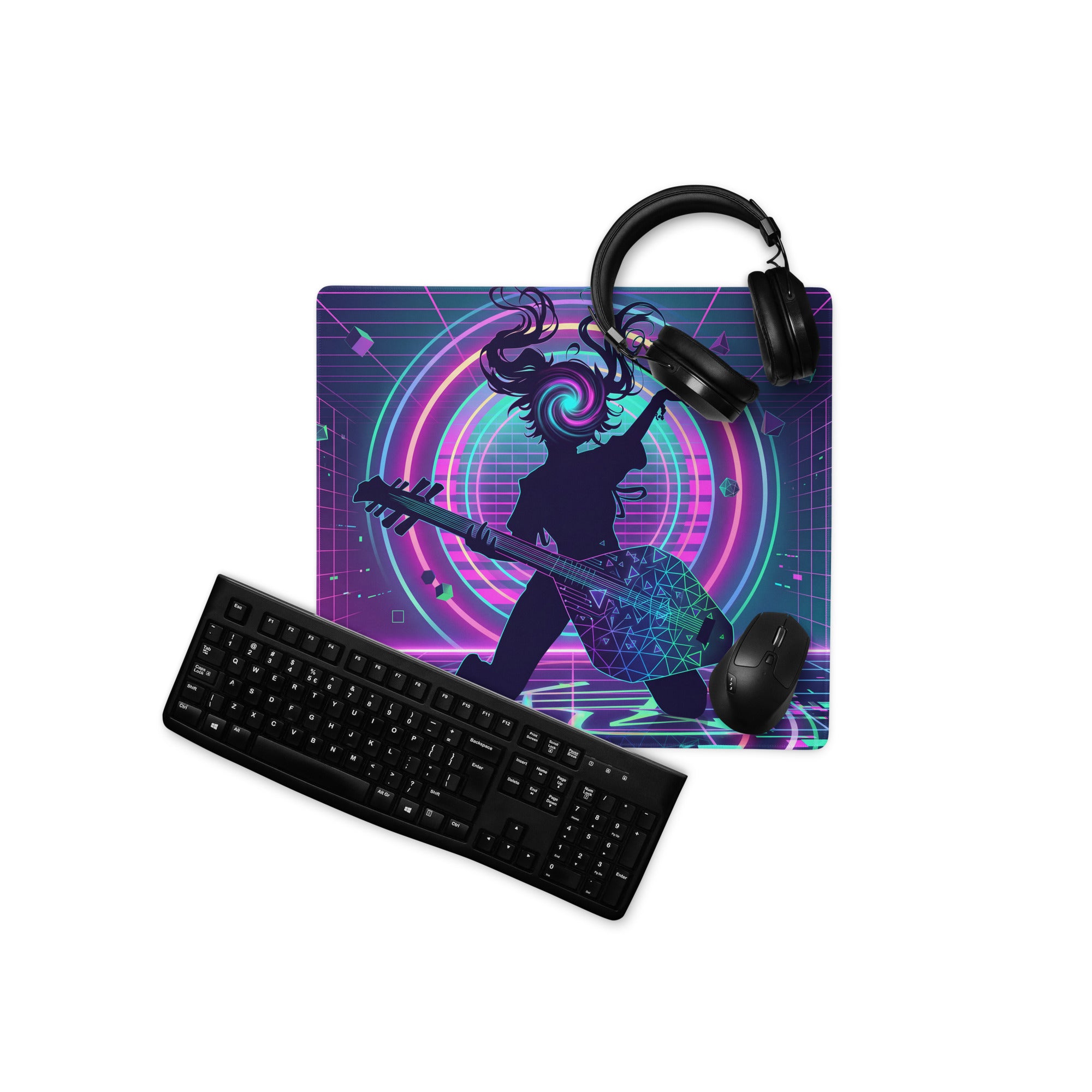 Neon vaporwave guitar pad gaming mousepad with vibrant neon purple pink blue colors and stylized guitarist silhouette