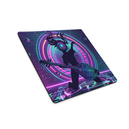 Neon vaporwave guitar mouse pad with purple pink geometric pattern and guitarist silhouette on retro-futuristic background