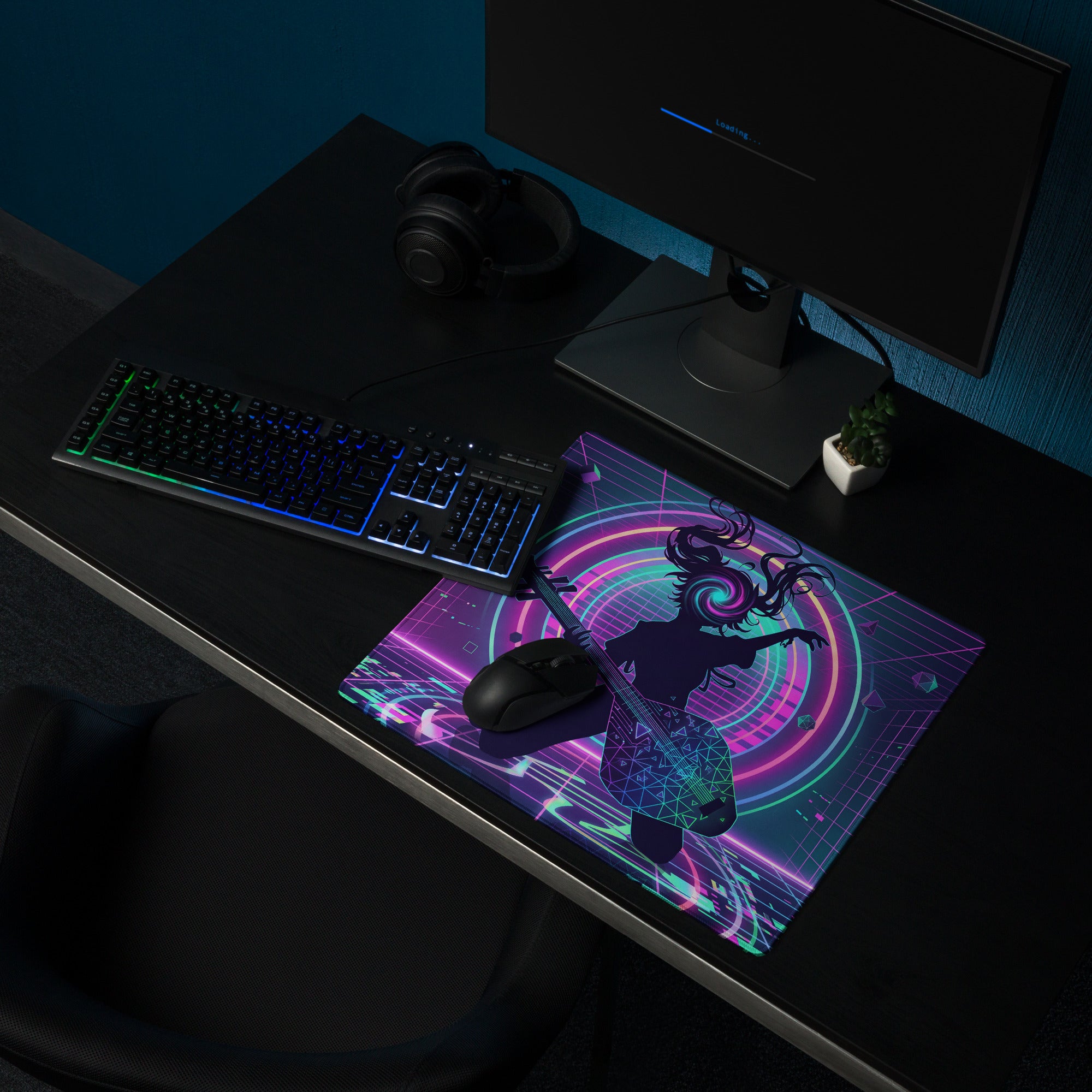 Neon vaporwave guitar pad mouse pad with vibrant purple pink cyberpunk anime figure and glowing concentric circles design