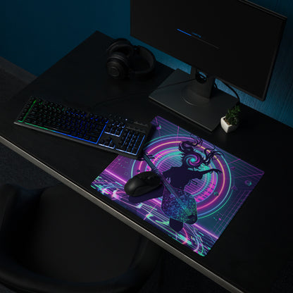 Neon vaporwave guitar pad mouse pad with vibrant purple pink cyberpunk anime figure and glowing concentric circles design