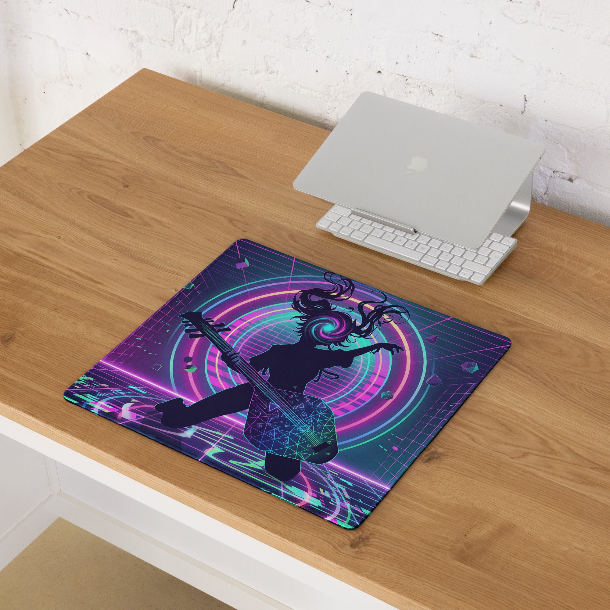 Neon vaporwave guitar pad mouse pad with neon purple and pink holographic design featuring a musician silhouette