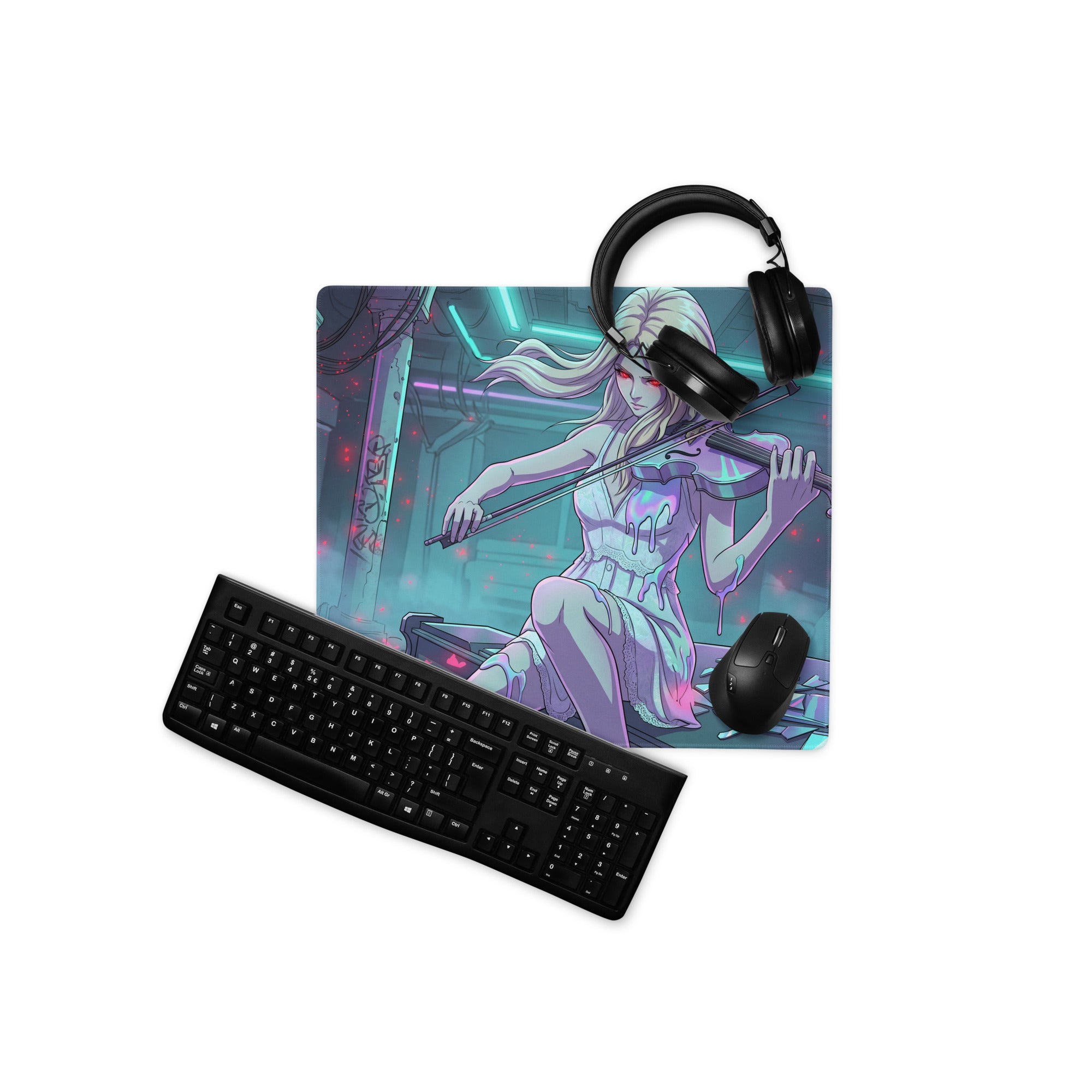 Neon vaporwave rectangular gaming mousepad with vibrant anime blonde woman playing violin in neon pink teal colors