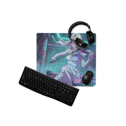 Neon vaporwave rectangular gaming mousepad with vibrant anime blonde woman playing violin in neon pink teal colors
