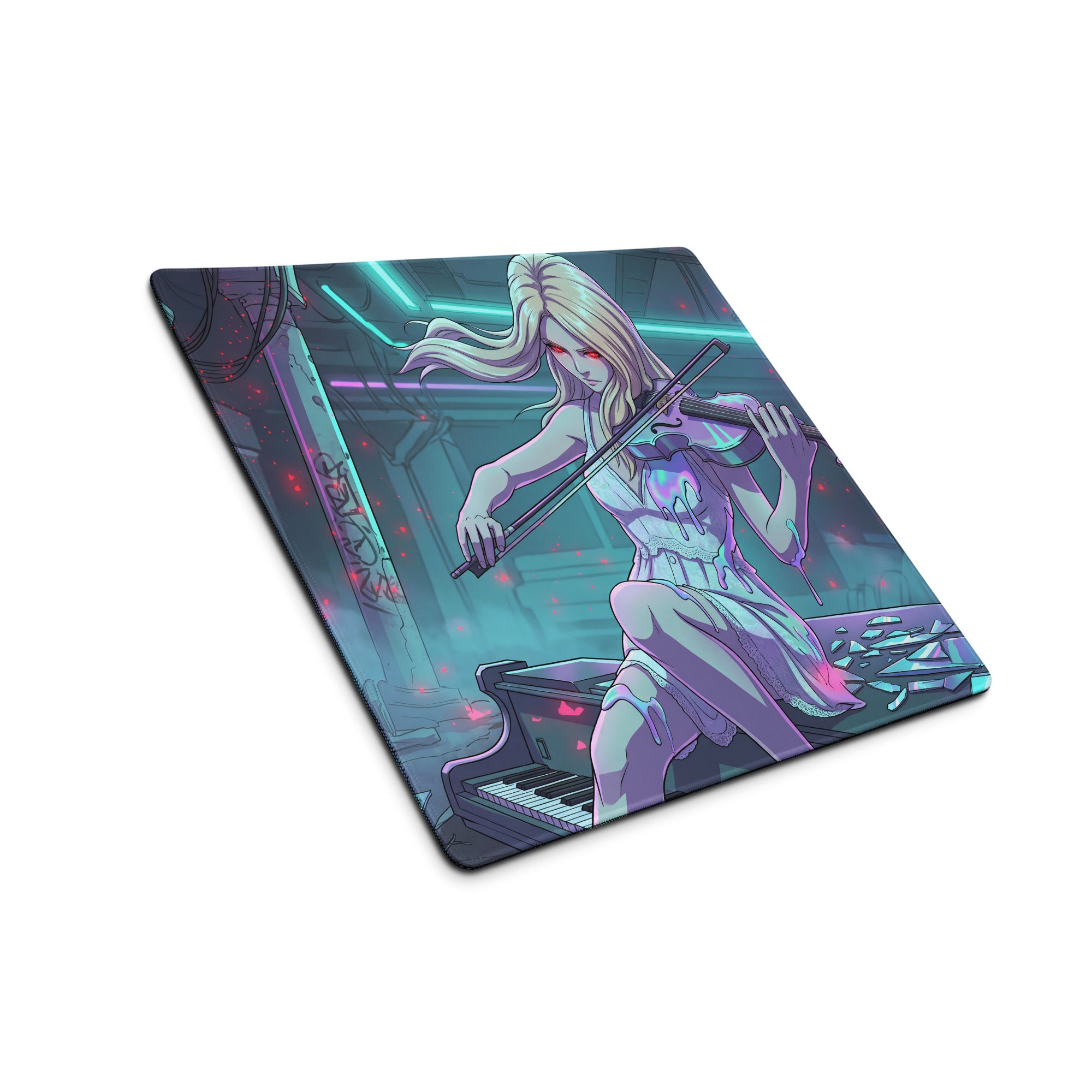 Neon vaporwave violinist gaming mouse pad with vibrant anime blonde woman playing violin in purple neon hues