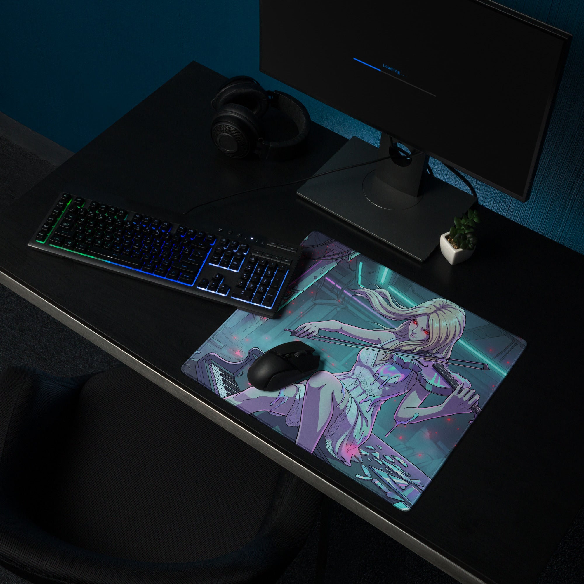 Neon vaporwave violinist gaming mousepad with vibrant anime blonde woman in white dress on neon pink teal background