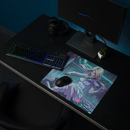Neon vaporwave violinist gaming mousepad with vibrant anime blonde woman in white dress on neon pink teal background