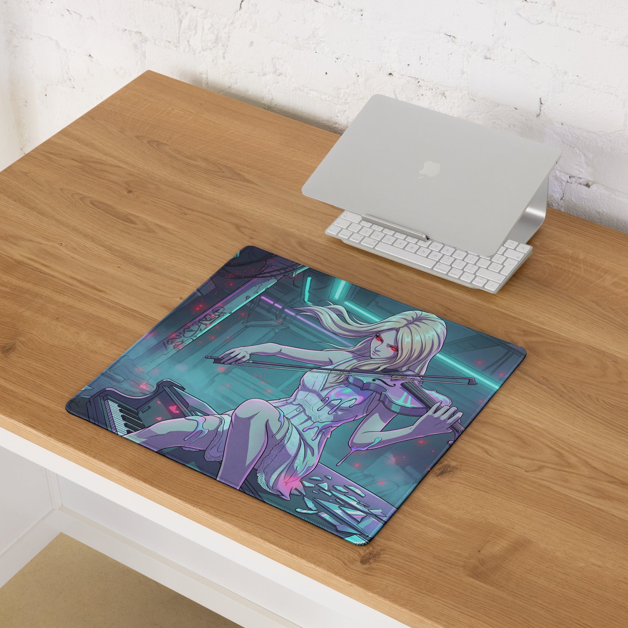 Rectangular gaming mousepad with vibrant neon pink teal anime violinist design for vaporwave desk decor and gaming use