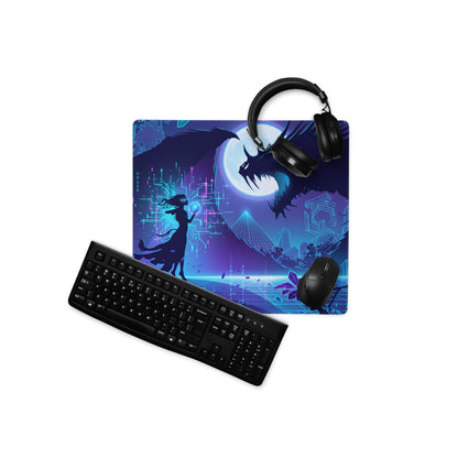 Blue and purple fantasy-themed gaming mousepad with dragon witch design glowing circuits and futuristic cityscape details