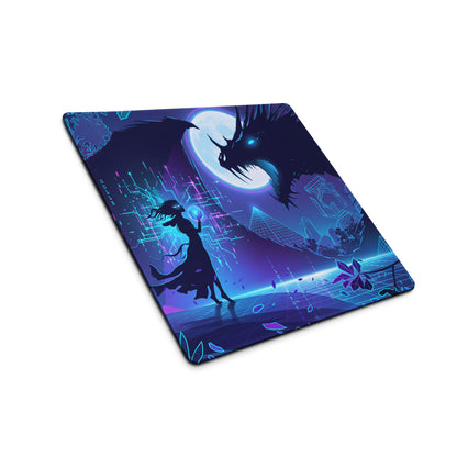 Navy blue and purple neon dragon vaporwave gaming mousepad with a fantasy warrior and glowing moon illustration