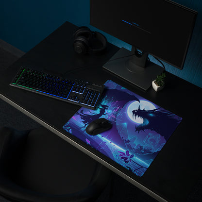 Neon dragon vaporwave gaming mousepad with vibrant purple and blue fantasy dragon design under full moon