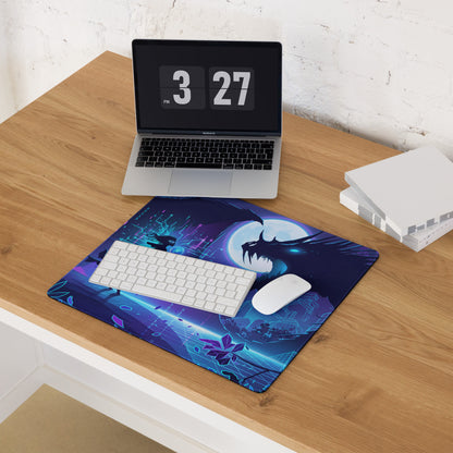 A vibrant blue and purple neon dragon vaporwave mouse pad featuring a detailed dragon under a glowing moon with circuit patterns