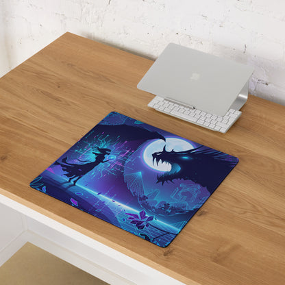 Navy blue and purple neon dragon vaporwave mouse pad with digital fantasy design and glowing circuitry patterns for gaming