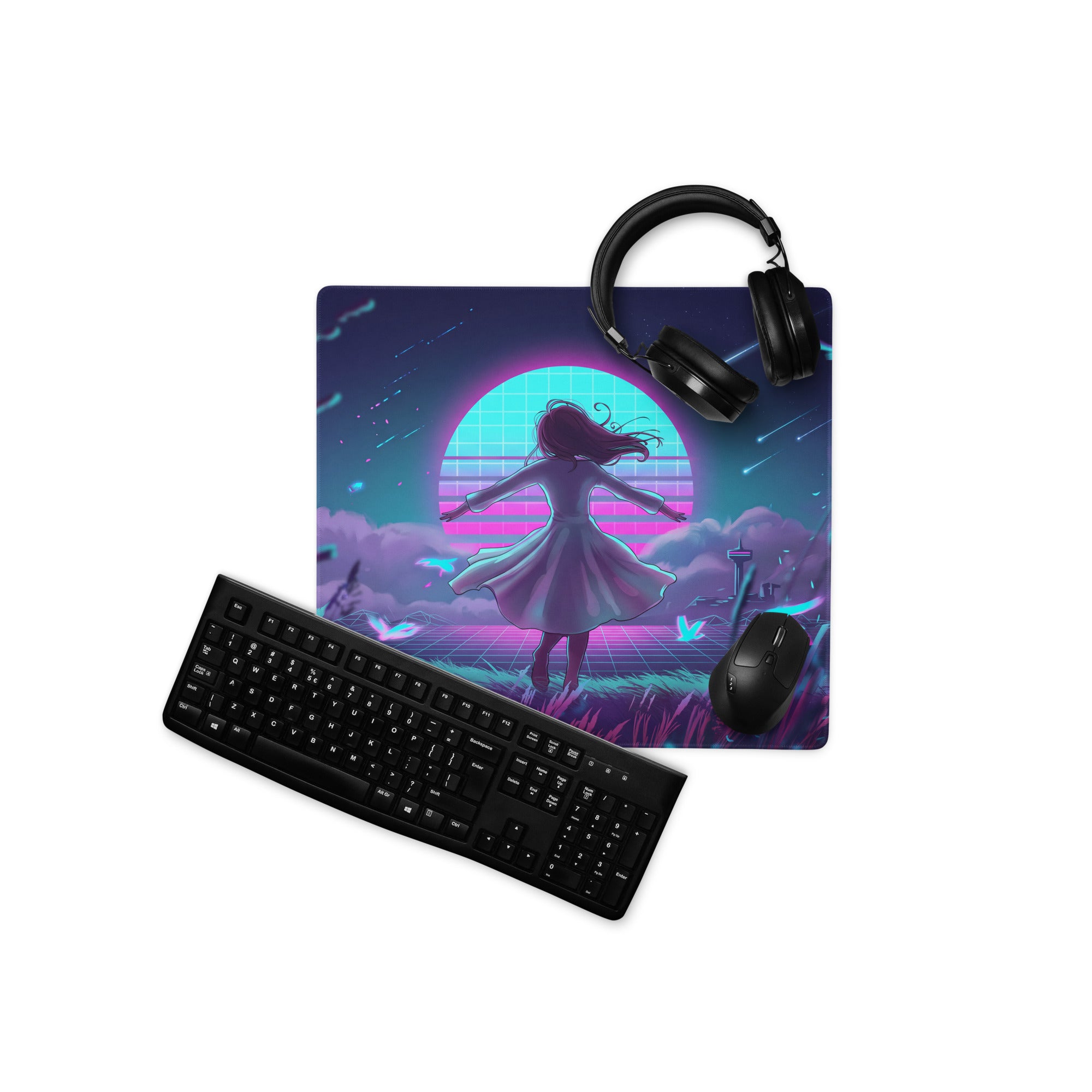 Neon vaporwave gaming mouse pad with vibrant neon pink and blue colors featuring a dancing girl silhouette under a glowing sun