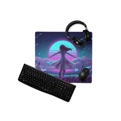 Neon vaporwave gaming mouse pad with vibrant neon pink and blue colors featuring a dancing girl silhouette under a glowing sun