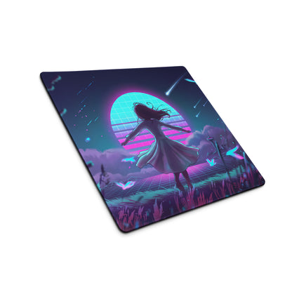 Neon vaporwave gaming mouse pad with nostalgic pink and blue retro-futuristic dancer silhouette design