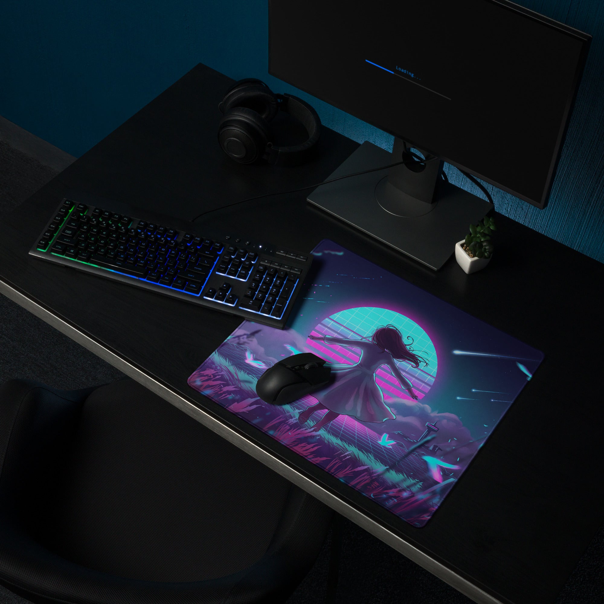 Neon vaporwave gaming mouse pad featuring a vibrant anime girl in purples and teals on a smooth surface with glowing backdrop