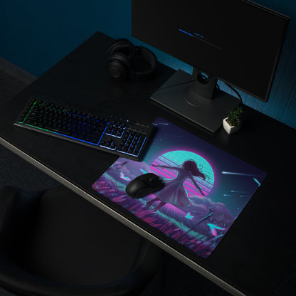 Neon vaporwave gaming mouse pad featuring a vibrant anime girl in purples and teals on a smooth surface with glowing backdrop