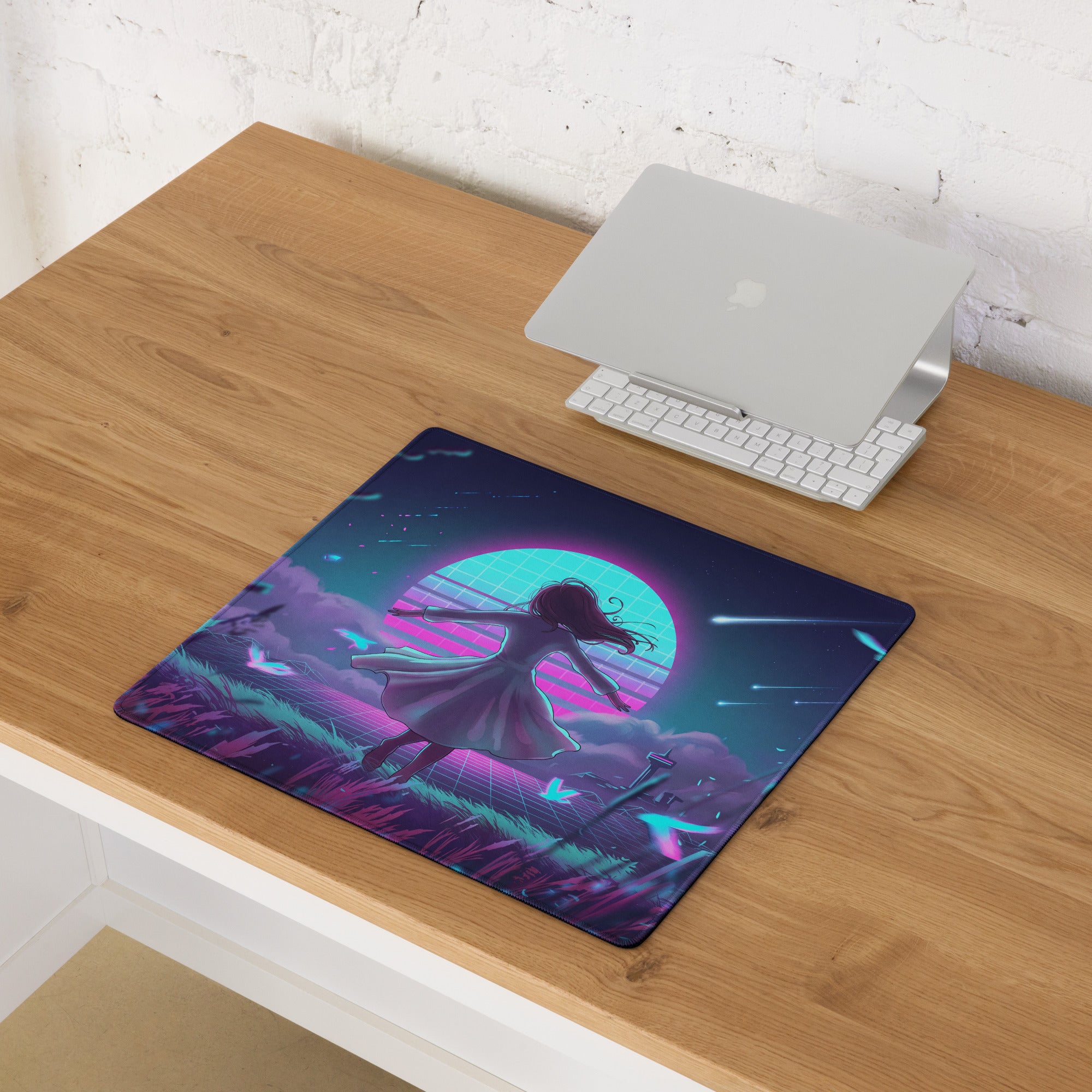 Neon vaporwave gaming mouse pad in navy blue and magenta featuring a dancing girl silhouette under glowing circular sky