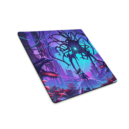 Navy blue and teal cyberpunk-themed vaporwave neon gaming mouse pad with glowing tentacle creature and neon cityscape design