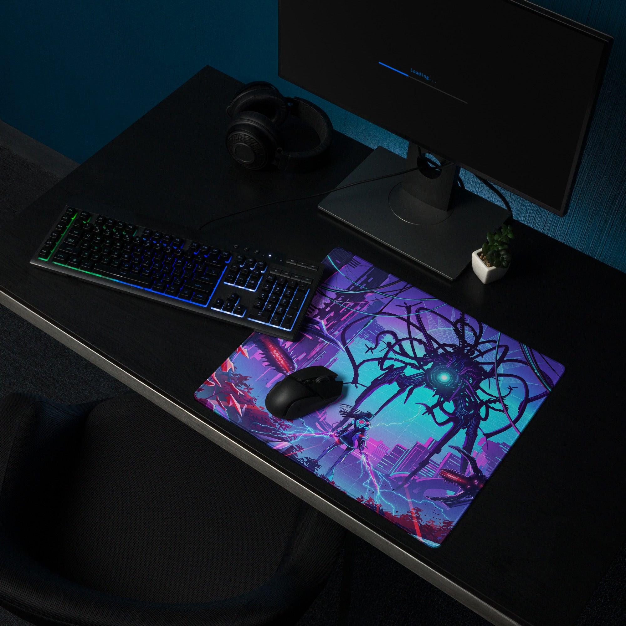 Vaporwave neon gaming mouse pad with vibrant purple and teal cyberpunk monster design and glowing blue eyes for desk use