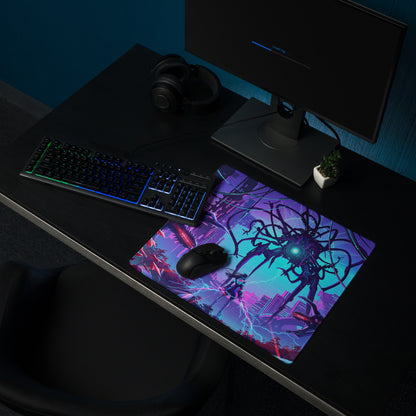 Vaporwave neon gaming mouse pad with vibrant purple and teal cyberpunk monster design and glowing blue eyes for desk use