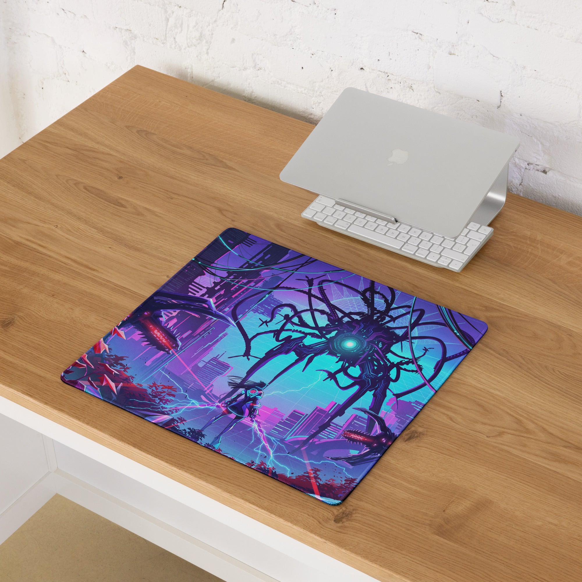 Vibrant purple and teal vaporwave neon gaming mouse pad with glowing central creature and lightning effects for desk use