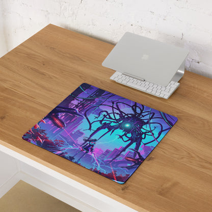 Vibrant purple and teal vaporwave neon gaming mouse pad with glowing central creature and lightning effects for desk use