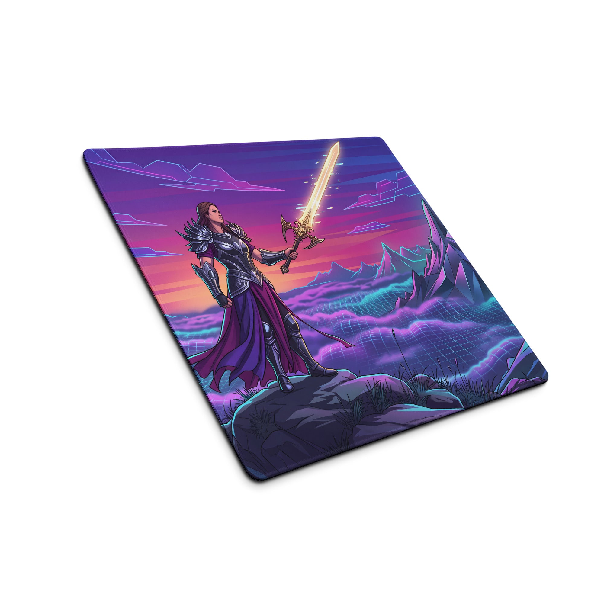 Ninety-degree angled view of vaporwave neon mountain rectangular gaming mousepad with female warrior and neon purple blue design