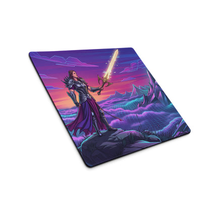 Ninety-degree angled view of vaporwave neon mountain rectangular gaming mousepad with female warrior and neon purple blue design