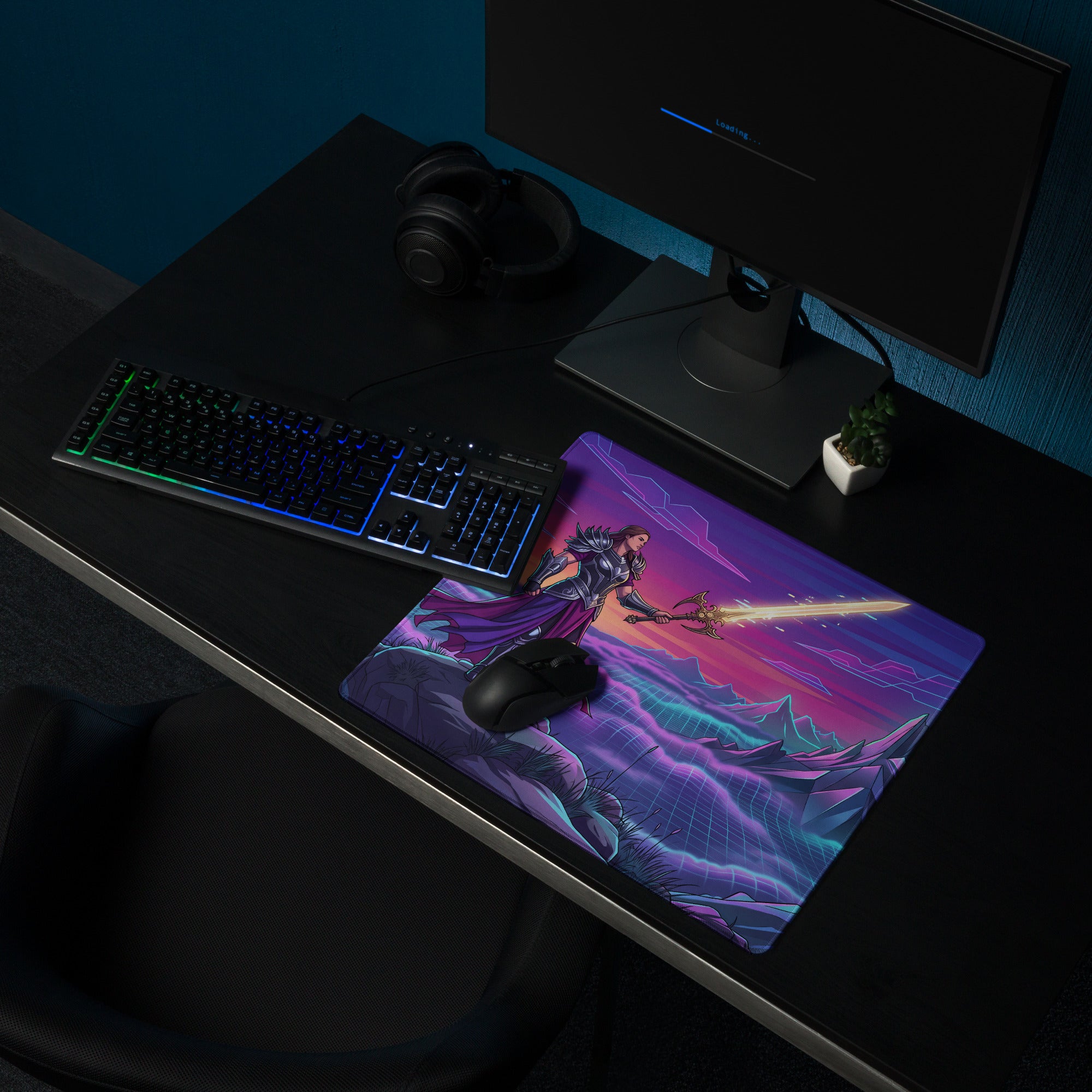 Vaporwave neon mountain mouse pad with vibrant purple and neon pink fantasy warrior design for gaming use