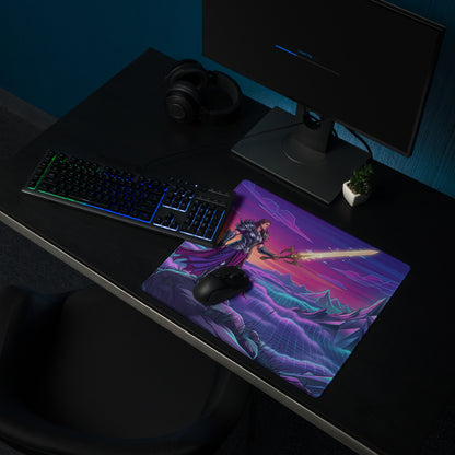 Vaporwave neon mountain mouse pad with vibrant purple and neon pink fantasy warrior design for gaming use