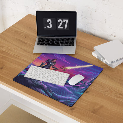 Vibrant purple and neon blue vaporwave neon mountain gaming mousepad with fantasy warrior in black armor and glowing sword
