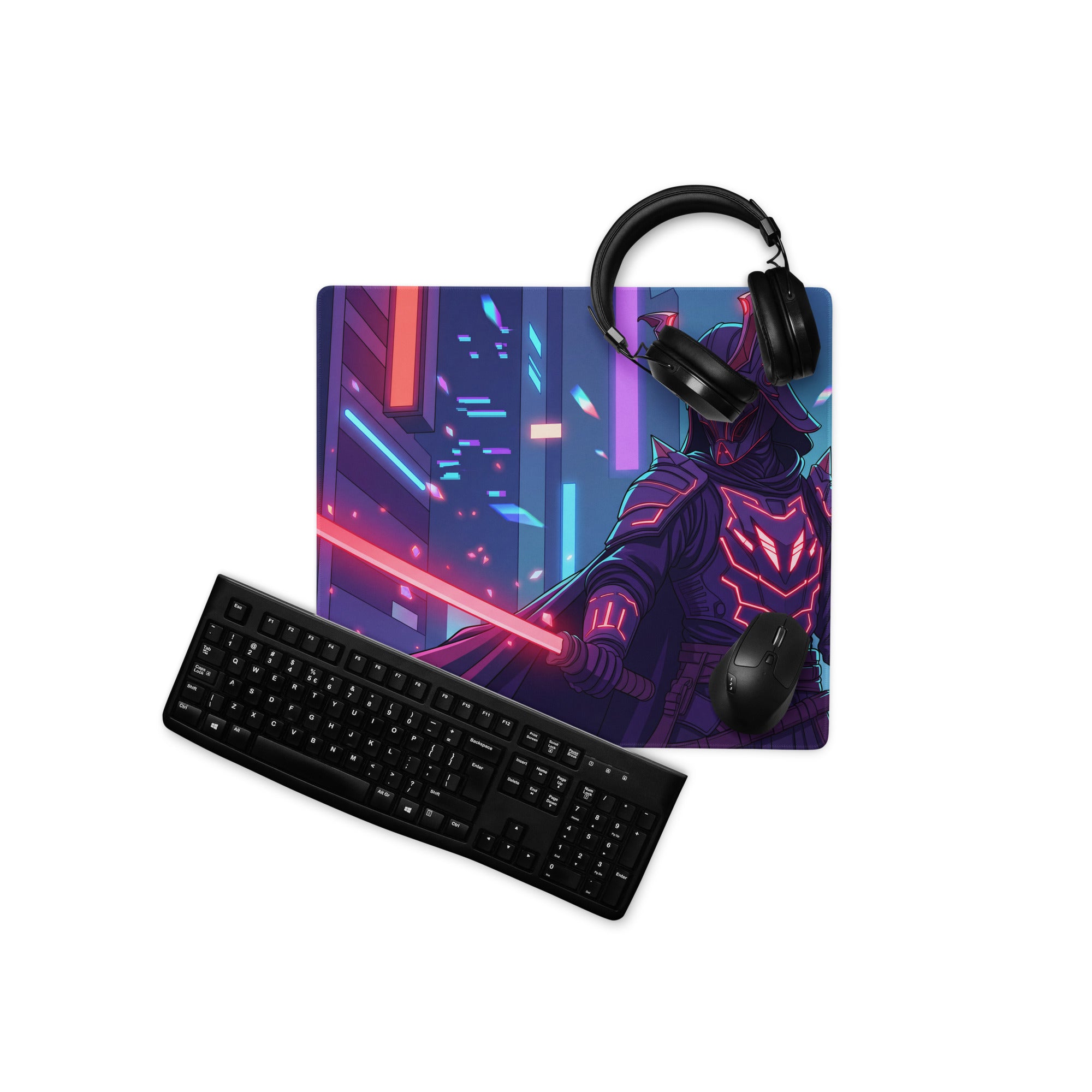 Vaporwave neon nexus mouse pad with neon-lit cyberpunk warrior design in vibrant purple blue and pink hues for gaming