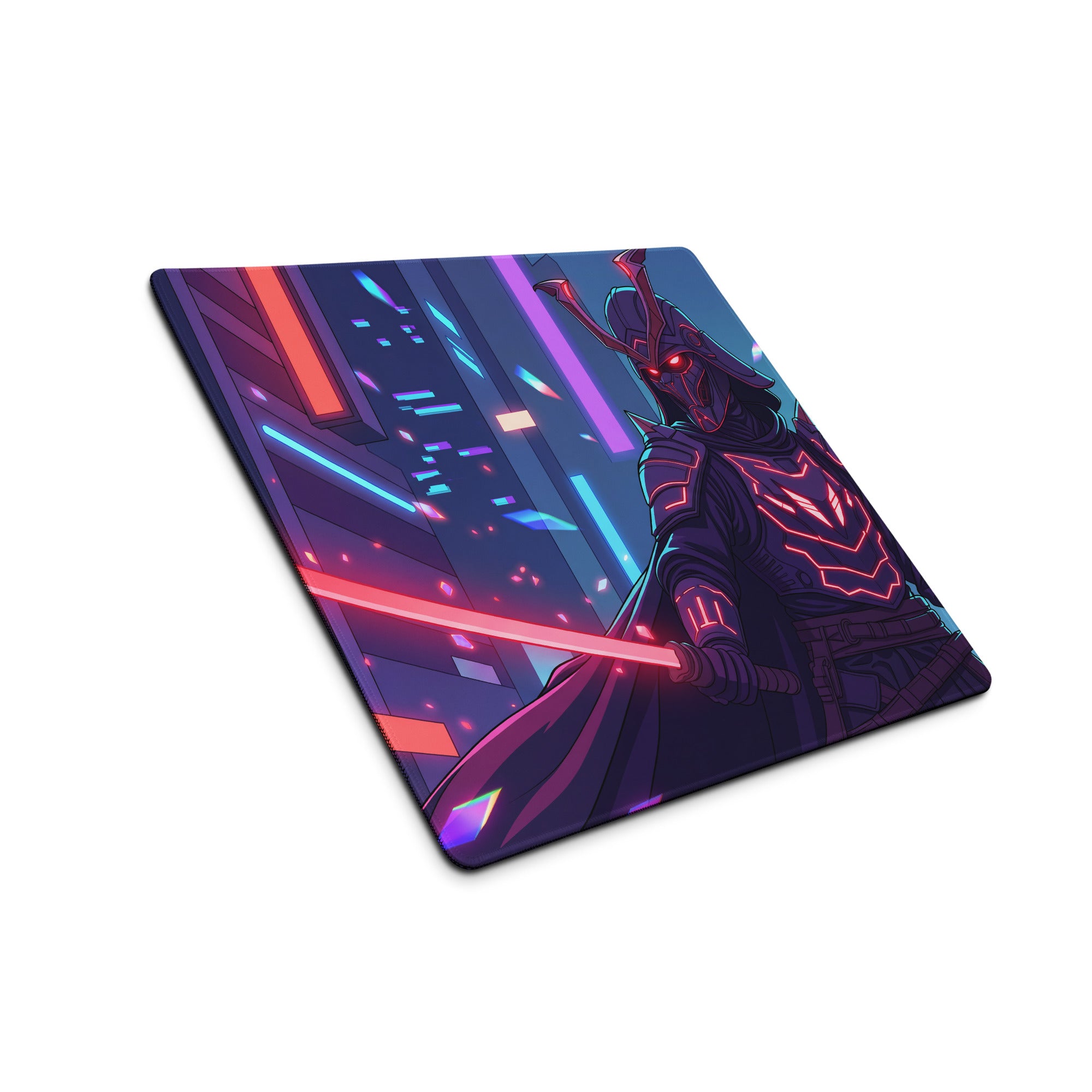 Vaporwave neon nexus mouse pad with nebula theme featuring cyberpunk warrior and neon-lit cityscape in purple and blue