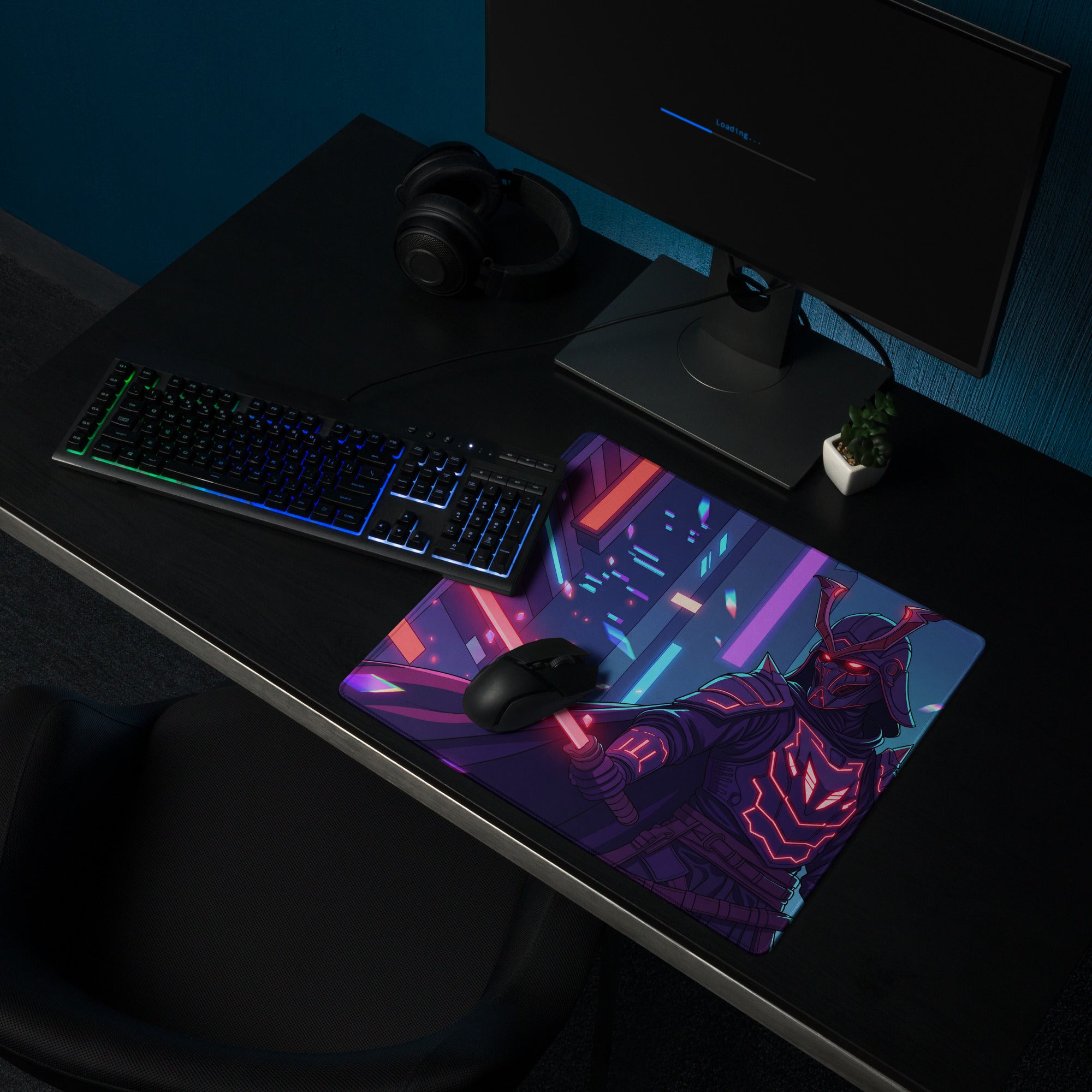 Neon pink and purple vaporwave nexus gaming mouse pad featuring a stylized armored character with glowing red eyes