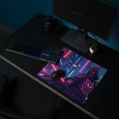 Neon pink and purple vaporwave nexus gaming mouse pad featuring a stylized armored character with glowing red eyes