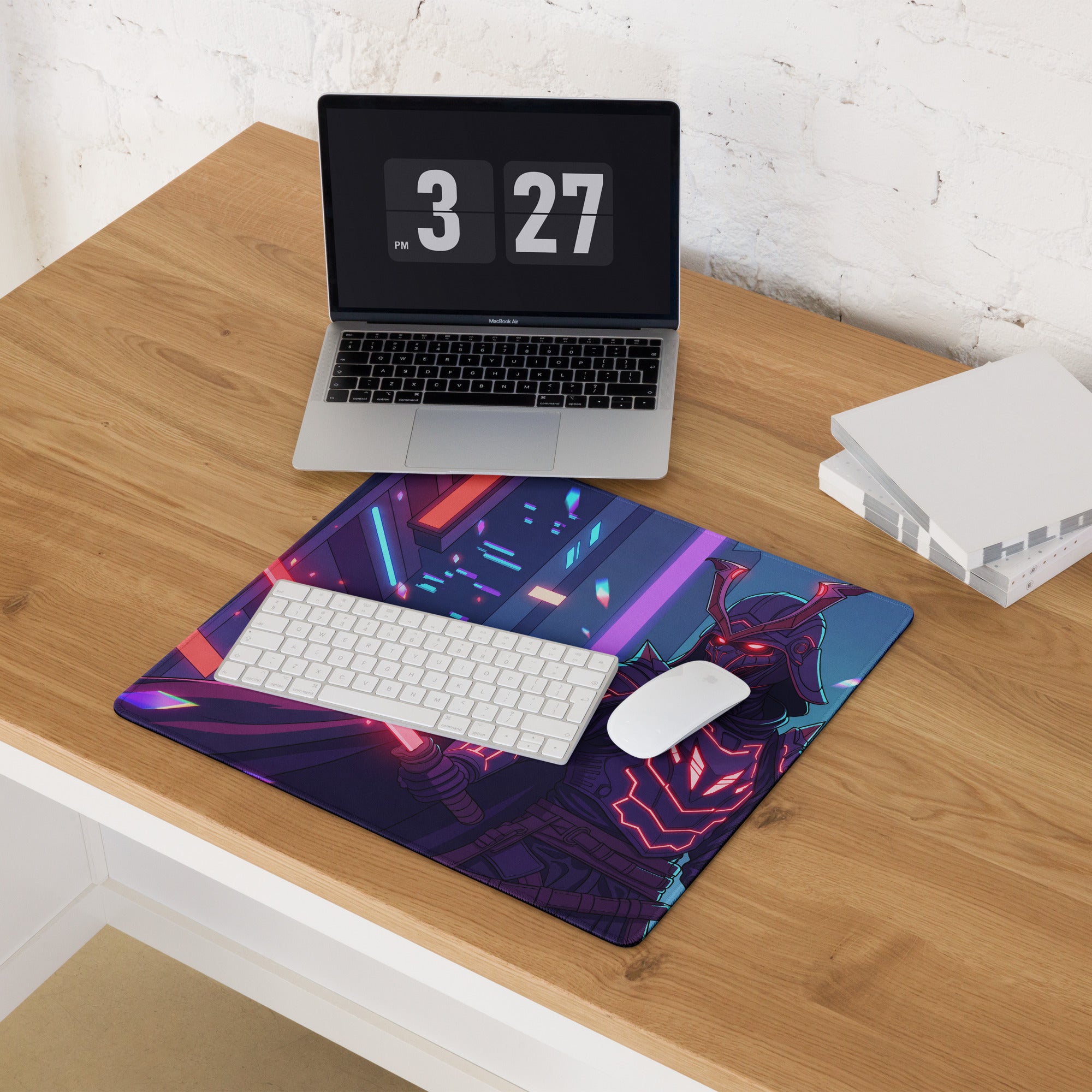 Navy blue and purple neon vaporwave mouse pad with stylized armored character and glowing red eyes for gaming